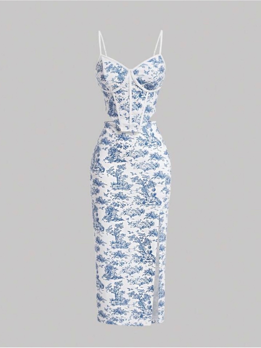 SHEIN Blue & White Toile Corset Midi 2pc set
